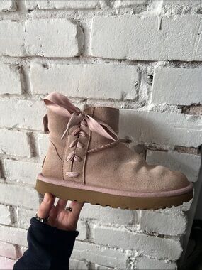 UGG Blush Pink Suede Short Boot with Ribbon Laces